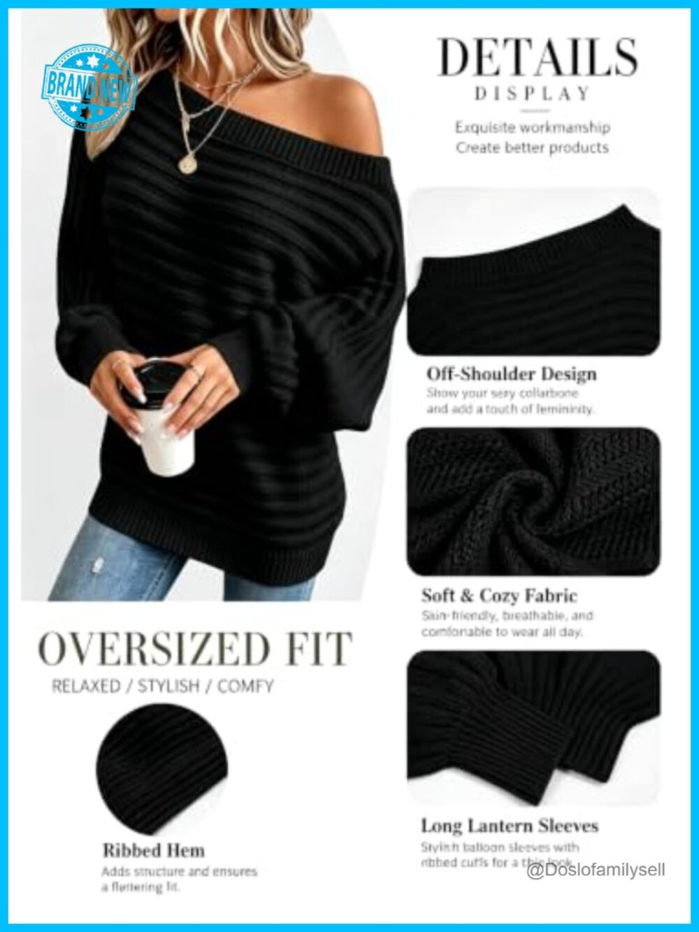 Off-Shoulder Oversized Ribbed Knit Pullover Sweater - Picture 2 of 5